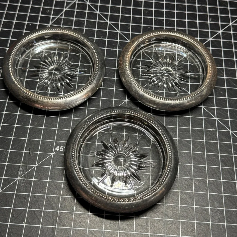 Vintage Leonard Silverplate Glass Coasters Set of 3 Italy Starburst Barware 4in